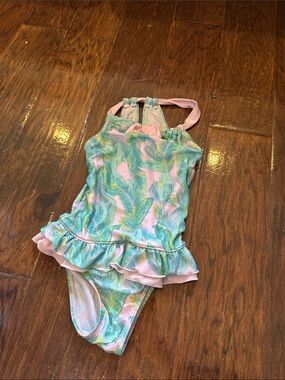 Floatimini Pink One-Piece Swimsuit with Green Palm Print and Ruffle
